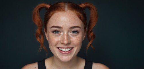  a woman with freckled hair and a black tank top smiles at the camera with a freckled smile on her face.