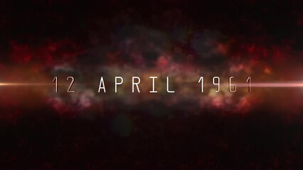 A futuristic backdrop with neon 12 April 1961 text, historic date of the first humans journey to the moon. The space-themed background includes stars and nebulas