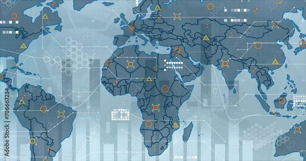 Aufkleber animation of world map over financial data processing on blue background