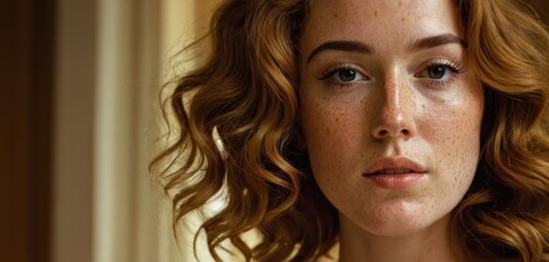  a close up of a woman with freckles on her face and freckles on her hair looking at the camera.