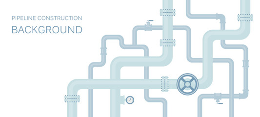 Industrial background with  pipeline. Oil, water or gas pipeline with fittings and valves.