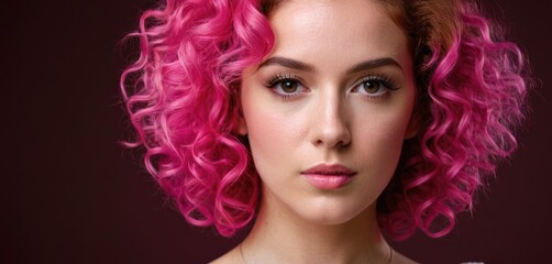  a close up of a woman with pink hair and a pink eye shadow on her face and a black background.