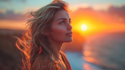 An enchanting moment captured as a mature woman with windswept hair gazes towards the horizon, standing on a cliff overlooking a rugged and dramatic seashore during golden hour.