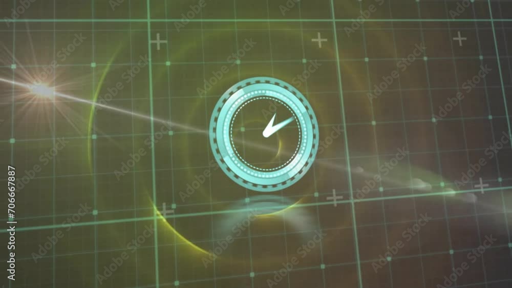 Poster animation of moving clock over light trails and lines on black background