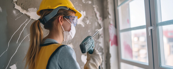 Woman with electric tool in apartment during renovation works - obrazy, fototapety, plakaty