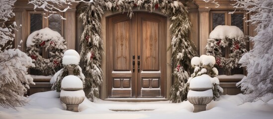 Snow-covered bushes and trees surrounding a wooden front door with grain.
