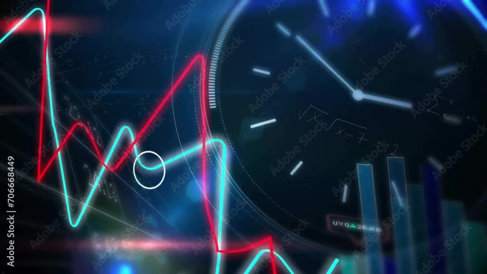Poster animation of clock over financial data processing and world map on black background
