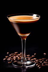 Espresso martini cocktail isolated on black background. Cocktail with with vodka, coffee liqueur, cream and ice