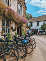 A Photo of a Group of Cyclists Taking a Break in a Quaint Local Village With Their Bikes Propped Up and a Cafe in the Background