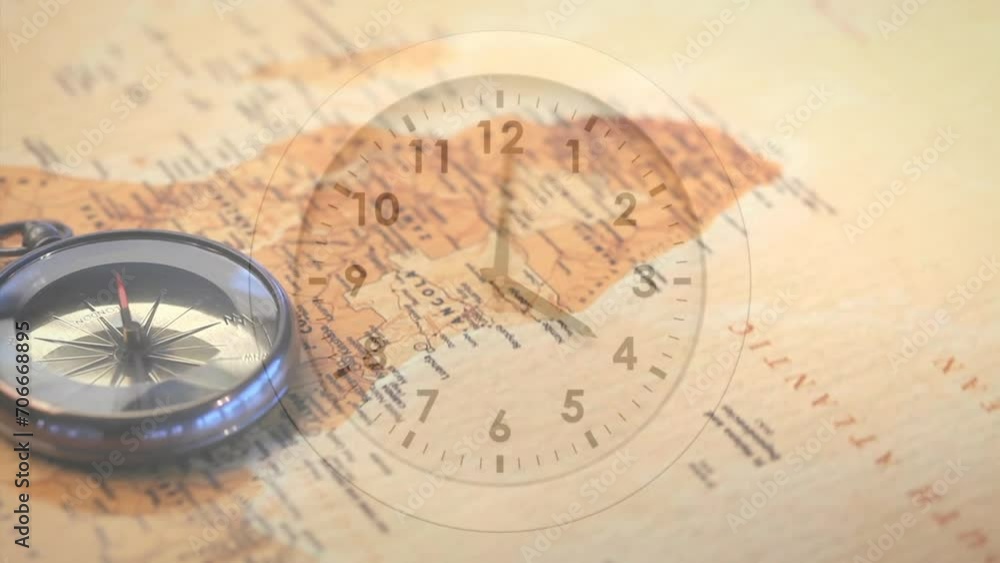 Poster animation of clock with fast moving over compass on moving world map
