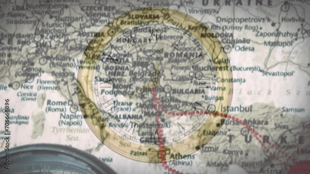 Poster animation of clock with fast moving over map of europe showing travel route