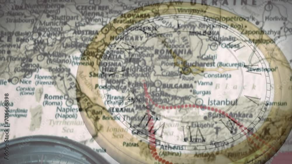 Poster animation of clock with fast moving over map of europe showing travel route