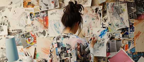 Um artista de mídia mista trabalhando em uma colagem, cercado por páginas de revistas rasgadas, cola e tesoura, organizando meticulosamente elementos para formar uma composição visualmente estimulante