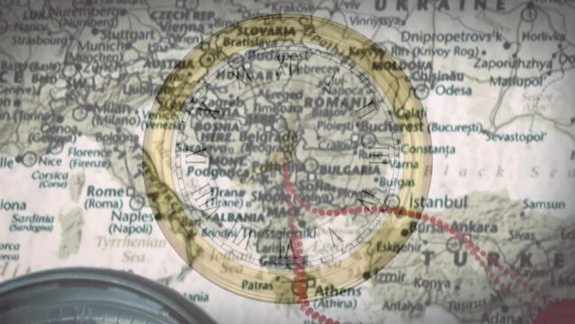 Animation of clock with fast moving over map of europe showing travel route