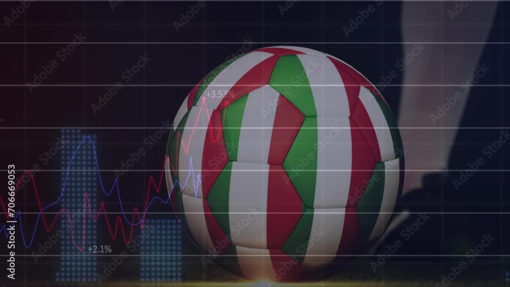Poster animation of graphs processing data over legs of footballer kicking ball with flag of italy