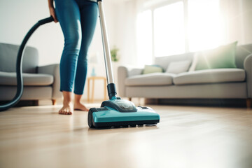 female cleaning home with modern vacuum cleaner in livingroom