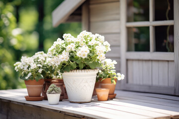 White potted flowers on a wooden porch.