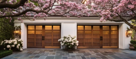 Zelfklevend Fotobehang Wooden garage doors with flowering magnolia tree © AkuAku