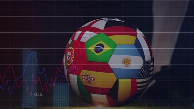 Animation of graph processing data over legs of footballer kicking ball with international flags