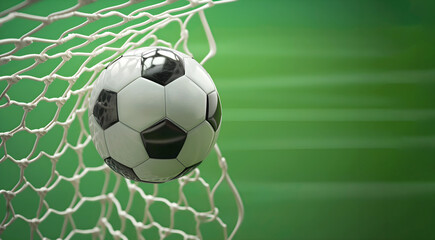 Soccer ball in goal net on green grass background. Close up, copy space