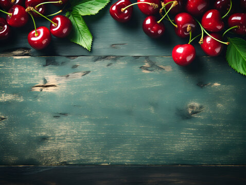 Top View Background With Fresh Red Cherries On Green Wooden Table 