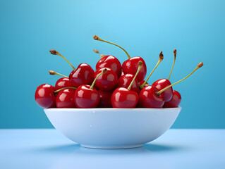 Red cherries in a white bowl on table, blue background 