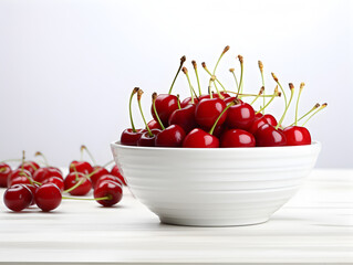 Close up of fresh red cherries in a white bowl on white background 