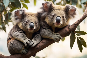 Obraz premium Sleeping koalas in trees. World Sleeping Day concept captured in a serene image. Ideal for relaxation and wildlife appreciation.
