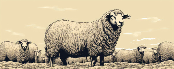 Sheep in engrve shape or black ink drawn on white paper or background.