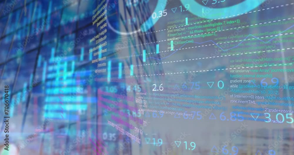 Poster animation of statistical and stock market data processing against lowangle view of tall bulding