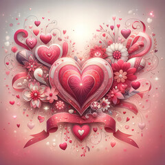 A radiant composition of hearts and flowers in hues of pink and red