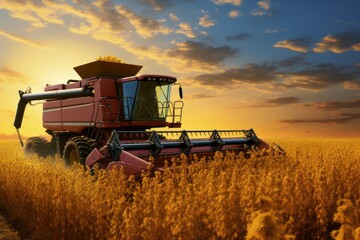 Fototapeta premium Combine harvester in a soybean field harvesting soybeans at sunset