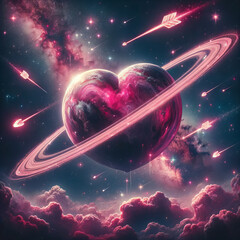 Heart-shaped planet with rings among shooting stars