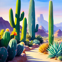 Watercolor painting of a desert landscape with cacti.