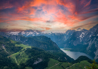 sunset over the Salzkammergut mountains with Wolfgangs Lake in Austria