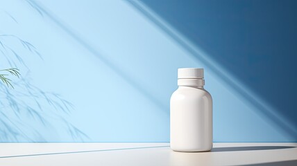 a white supplement bottle against a clean, neutral, very light color background, with a light blue color product setting, using natural sunlight to enhance the pharmaceutical aesthetic.