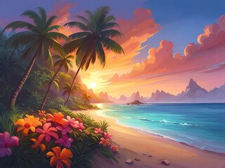 Summer tropical beach with palm trees and tropical flowers at sunset.