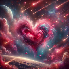 Heart nebula swirls amidst cosmic showers and planets