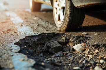 closeup of big deep pothole and car tire on the road