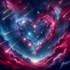 Constellation heart linked by cosmic light among stars