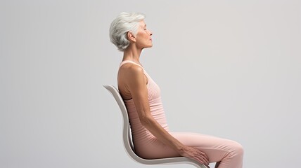 a senior woman engaged in a simple chair yoga exercise against a white background in a frontal pose, a commercial style with high-key lighting for a composition in a minimalist modern style.