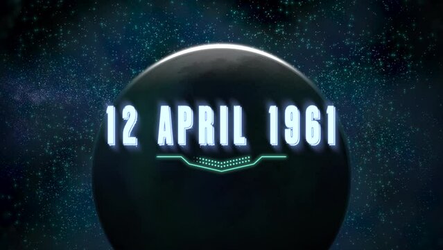 12 April 1961 with blue light of black planet in galaxy, motion abstract futuristic, cosmos and sci-fi style background