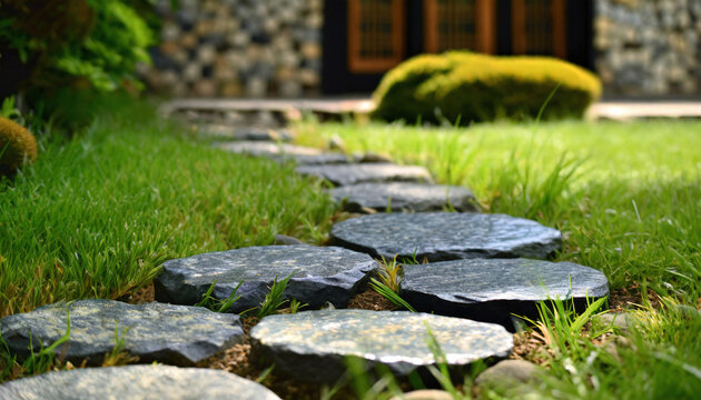 Pas japonais rond en ardoise dans l'herbe du jardin - IA g&eacute;n&eacute;rative