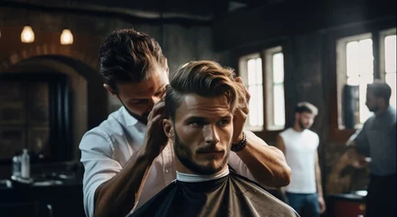 Poster Barber in a barbershop makes a customer's new haircut and trims a beard © Daniela
