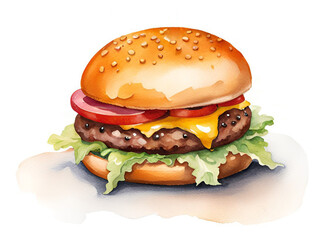Watercolor painting of a delicious hamburger.