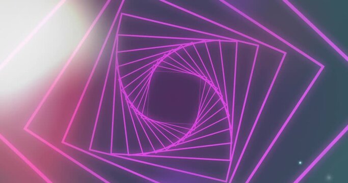 Animation of pink pentagonal spiral over coloured lights on black background