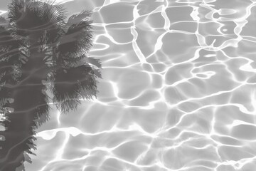 Palm tree shadow on white water surface. shadow of palm leaves on water texture background