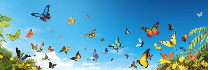Bright blue sky with clouds and flying colorful butterflies, banner