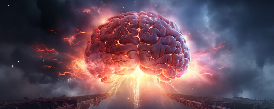 Human brain expolde illustrative style, fantasy idea concept.