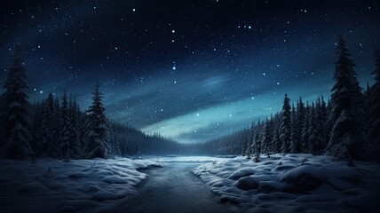 the view of looking up at the night sky in the boreal forest during winter, a composition in a...